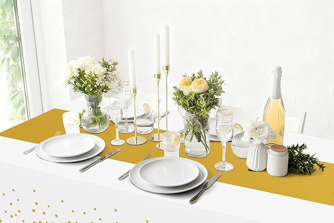 Smiry Plastic Table Cloth Disposable 5 Pack, 54 x 108 Inch Rectangle Waterproof Tablecloth, Printed Gold Table Runner Style for Birthday Weeding, Party Decorations, Leakproof & Sturdy, White and Gold