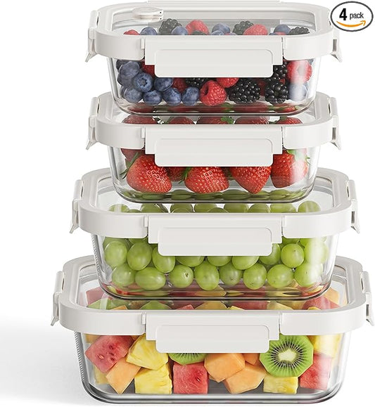 GENICOOOK Glass Fruit Storage Containers for Fridge with Glass Lids, 4 Pack Borosilicate Produce & Meal Prep Containers, Airtight BPA Free Fridge Organizer Containers