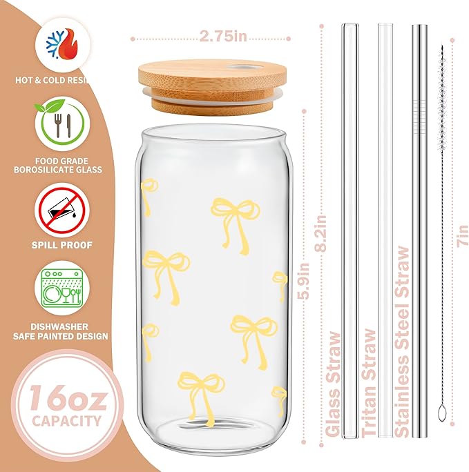 Coquette Cute Pastel Yellow Bow Summer Glass Cups with Lids and Straws, Aesthetic Iced Coffee Cup Girly Preppy Tumbler Mug, Christmas Valentines Birthday Gifts for Women, Teen Girl Gifts Trendy Stuff