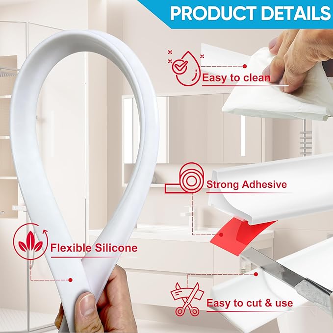39Inch Shower Threshold Water Dam, Self-Adhesive Silicone Shower Barrier Water Stopper Shower Door Bottom Seal Strip Shower Splash Guard for Bathroom Kitchen Bathtub