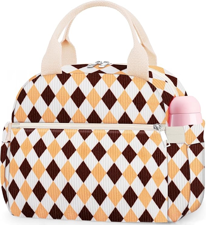 KUBYA Lunch Box for Women, Cute Corduroy Grid Insulated Lunch Bag Women Reusable Work Leakproof Simple Adults Large Lunch Boxes Tote Bag Men Cooler Bag