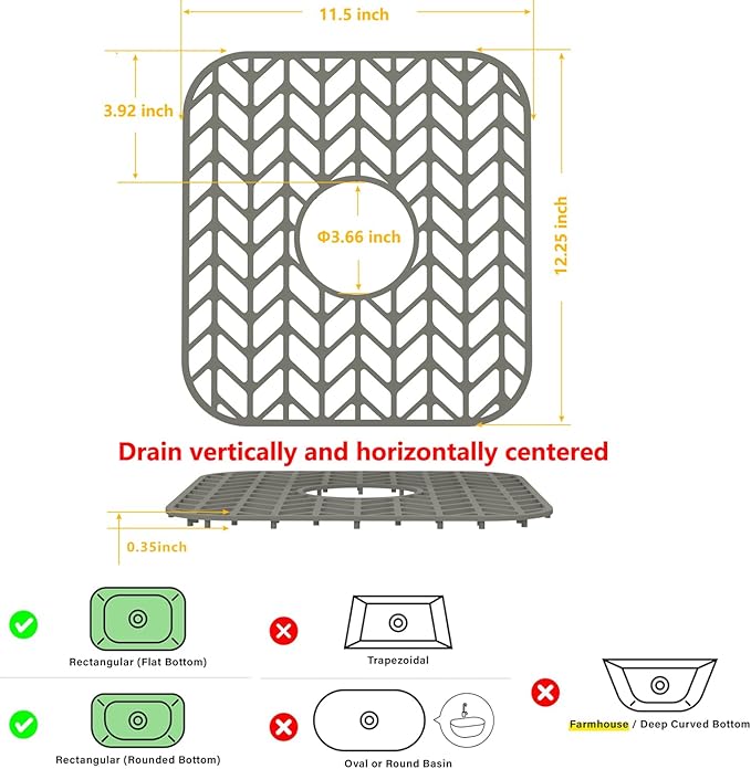 Sink Protectors for Kitchen Sink, 12.25"X11.5" Center Drain mat for bottom of sink, Protect Kitchen Sink bottom from Scratches, Dishwasher Safe Grid Mat for Kitchen(Gray, 12.25"x11.5"x2 Center)