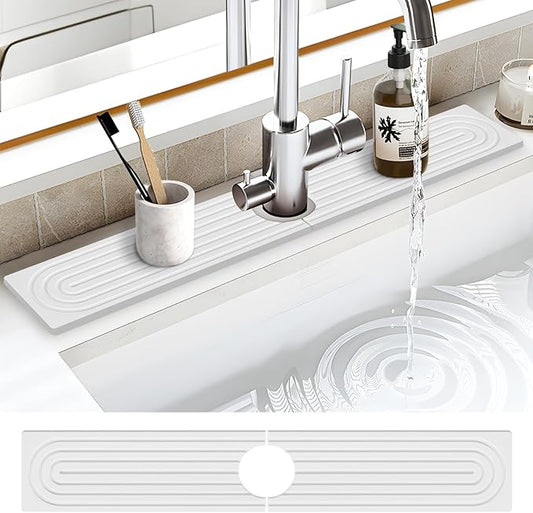 Stone Faucet Mat for Kitchen Sink, Water Absorbent Fast Drying Stone Tray for Sink , Quick Dry Diatomite Splash Guard for Bathroom Counter to Prevent Moisture Buildup, 30" x 4", White