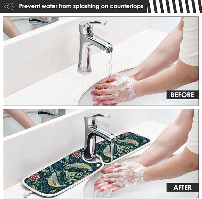 Sink Mat for Faucet Sink Splash Guard Faucet Handle Drip Catcher for Kitchen Bathroom Absorbent Microfiber Dish Drying Mat Boho Bird 2pcs