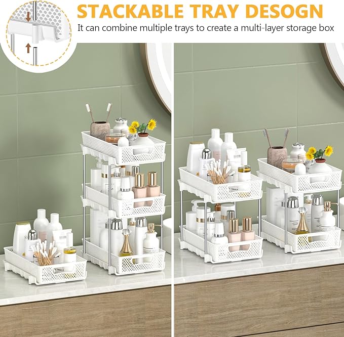 DABIGE 2 Pack Pull Out Bathroom Organizers and Storage, 2 Tier Stackable Under Sink Storage Organizer for Bathroom, Kitchen Cabinet, Pantry, and Medicine Holder, Organization and Storage - White