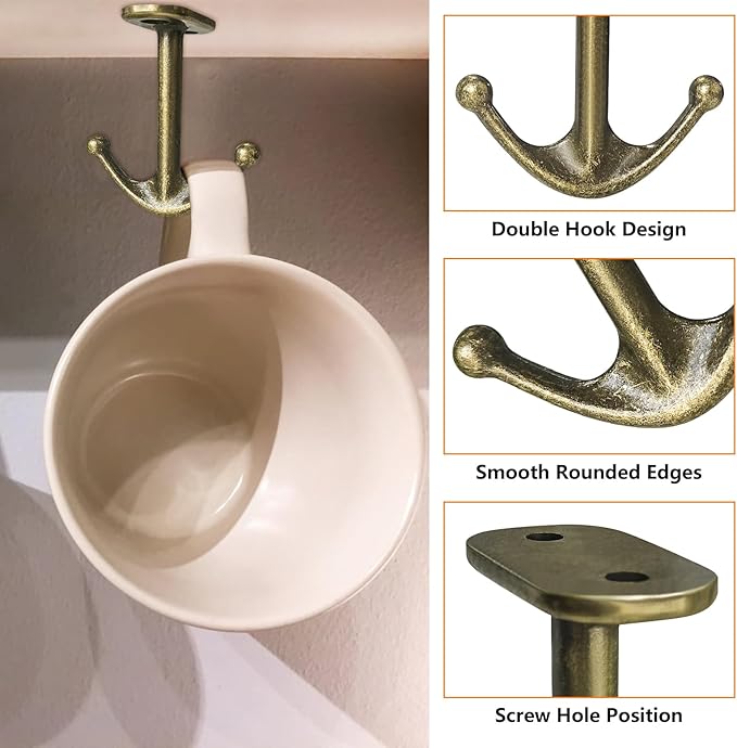 Zinc Alloy Double Prong Ceiling Hooks, 4-Pack Under Shelf Coat Hooks Hanging Towel Robe Clothes Cap Bathroom Kitchen Cabinet Garage Use (Bronze)