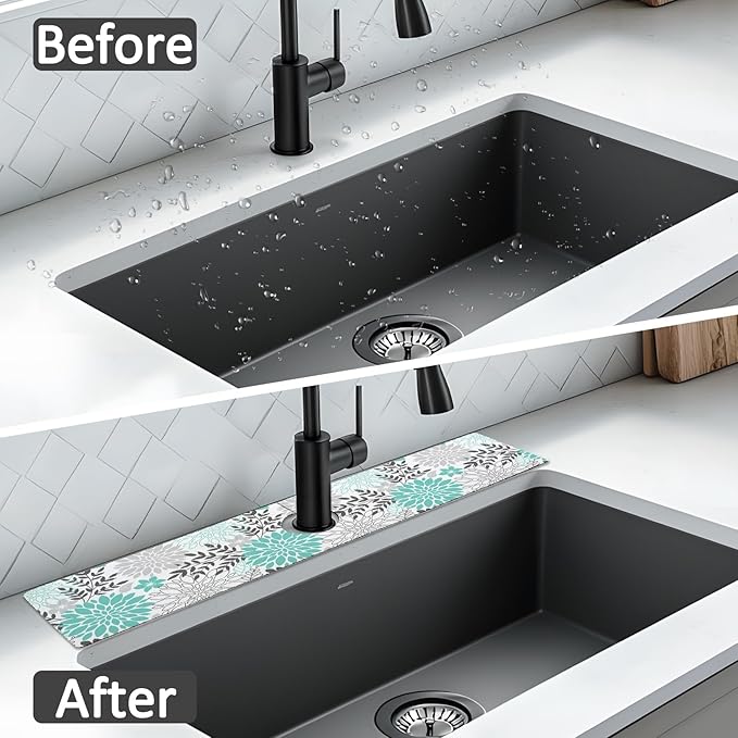 24" X 5.5" Kitchen Sink Splash Guard Faucet Mat Flora Super Absorbent Fast Drying Faucet Guard & Draining Mat Sink Splash Guard Behind Faucet for Kitchen, Bathroom