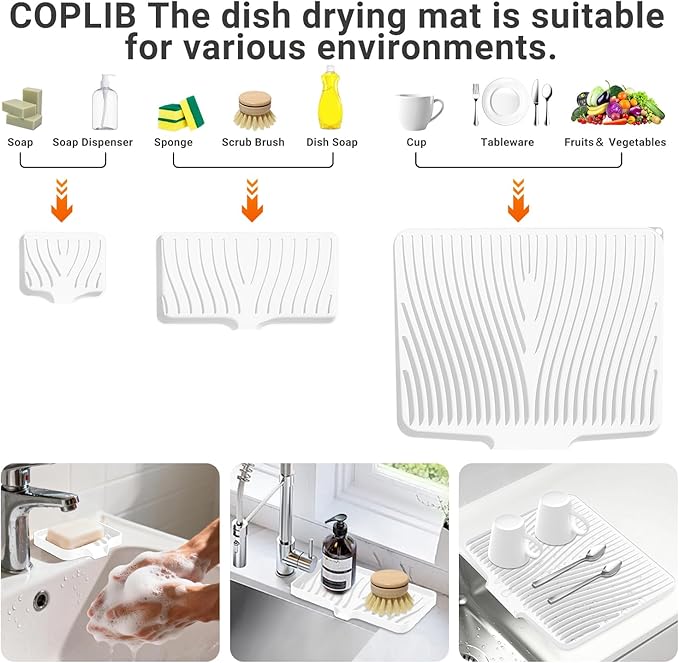 Silicone Dish Drying Mat for Kitchen Counter, Dish Drying Pad, Non-Slip Drain Pad with Built-in Drain, Heat Resistant Stone Drying Mat,Ivory-1Set