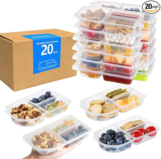 TAIHUIMY 9oz Reusable Snack Containers with Lids for Kid, New 3 Compartment Large Capacity Condiment Portion Control Meal Prep Containers for School lunch, Go out Travel, Party (20, 9, ounces)