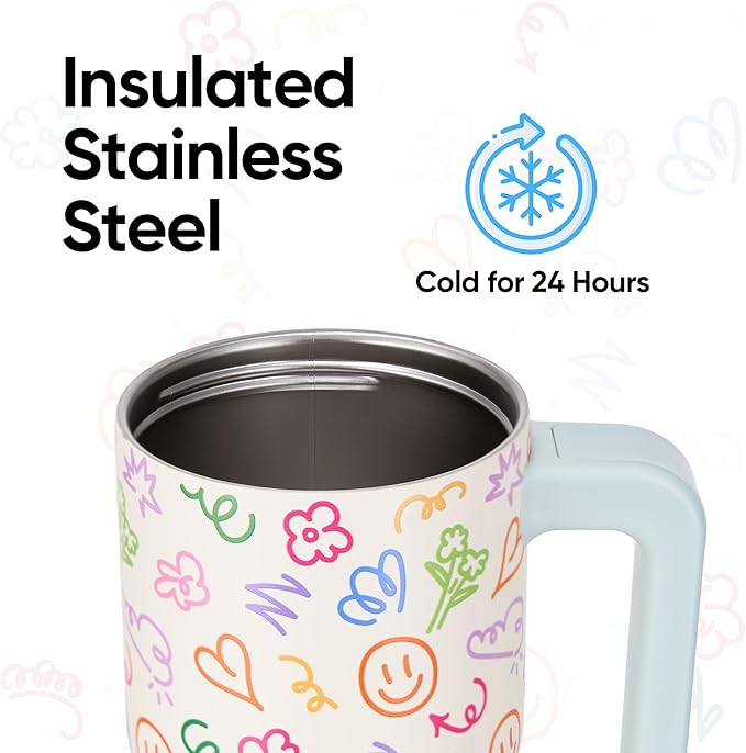 Fijinhom 18 oz Toddler Tumbler with Handle, Stainless Steel Insulated Water Bottle Coffee Mug with Straw, Toddler Cups, Kids Water Bottle for School, Sports, Travel, Creamy Scribs
