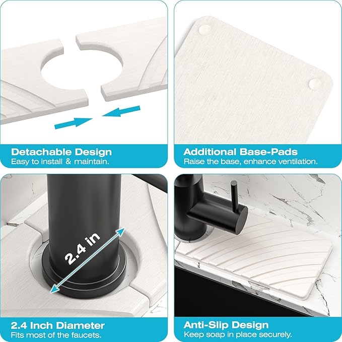 Stone Faucet Mat for Kitchen Sink - Fast Drying Diatomite Stone Drying Mat, Textured Drainage Sink Protector, Water Splash Guard with Base Pads for Bathroom Counter (15.7x4 in, White)