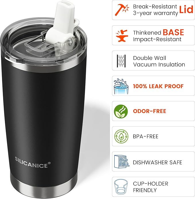 20oz Hygienic Insulated Tumbler — 100% Leakproof Lid with Removable Spout & Straw, Reinforced Vacuum-Protection Base, Cup Holder Friendly, for Iced Coffee, Smoothie/Water on the Go - Black