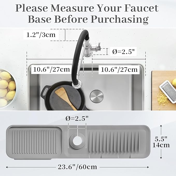 PoYang 24 Inch Faucet Mat for Kitchen Sink Splash Guard Behind Faucet, Sink Protectors for Kitchen Sink Faucet Mat Splash Guard for Kitchen Sink Area, Longer Silicone Faucet Guard & Draining Mat, Grey