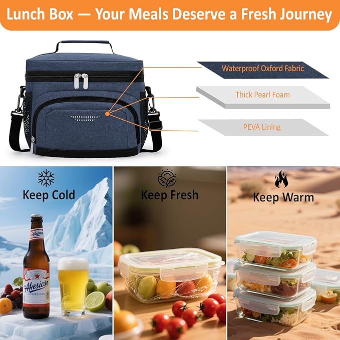 Vankor Large Insulated Lunch Bag for Men Women kids, Reusable Lunch Box kids Leakproof with Adjustable Shoulder Strap for Work Teacher School Picnic Beach Travel, Blue