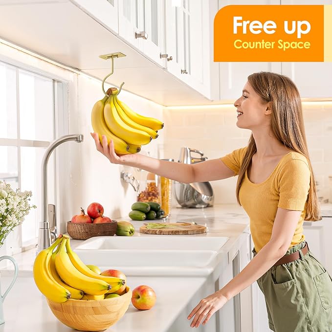 Self Adhesive Banana Hook Under Cabinet Foldable Banana Hanger Metal Under Counter Banana Hook to Keep Bananas Fresh Banana Holder for Kitchen RV Space Saving, Golden
