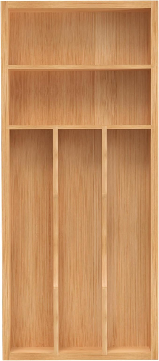 Silverware Organizer, Bamboo Kitchen Drawer Organizer, Utensil Holder, Cutlery Tray & Spoon Flatware Storage with Grooved Drawer Dividers (6.7''W x 15.5''D)