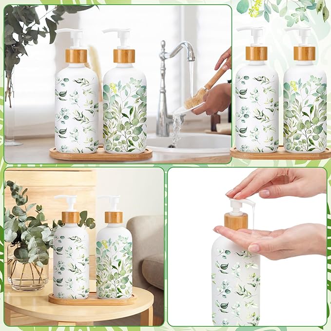 Potchen 2 Pack Glass Soap Dispenser Set Bathroom Decor Housewarming Gift Glass Soap Dispenser with Pump Wood Tray Home Decoration for Kitchen Bathroom (Eucalyptus)