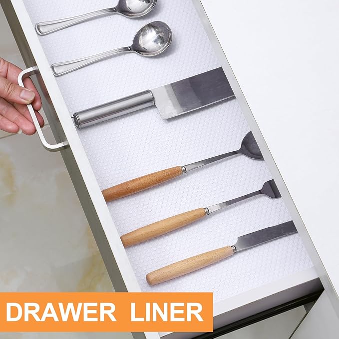 Shelf Liners for Kitchen Cabinets Non-Adhesive: 17" W x 300" L Waterproof Drawers Liner - White Easy to Cut Cupboard Mat for Pantry Shelves