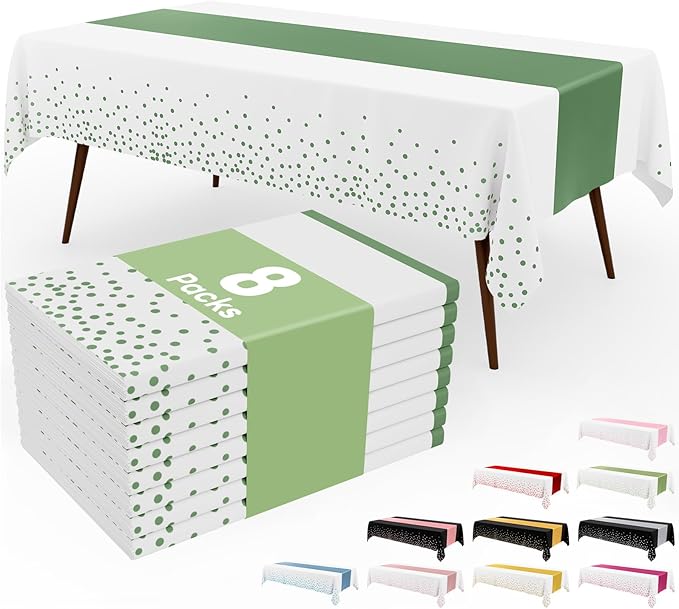 Smiry Plastic Table Cloth Disposable 8 Pack, 54 x 108 Inch Rectangle Waterproof Tablecloth, Printed Gold Table Runner Style for Birthday Weeding, Party, Leakproof & Sturdy, White and Sage Green