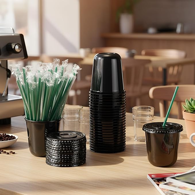 Baderke 25 Set Plastic Cups with Lids and Straws, Disposable Plastic Iced Coffee Cup for Cold Beverage Juice Smoothie Crystal for Coffee Shops Party Catering (Black,12 oz)