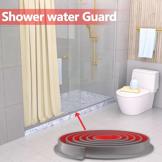 New Collapsible Shower Threshold Water Dam, Self Adhesive Silicone Waterproof Barrier Bathroom and Kitchen Water Strip Dam Shower Guard for Dry And Wet Separation Caulk Seal Strip Edge Trim(Grey)