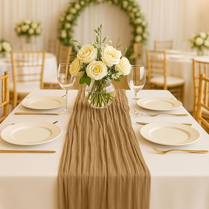 6 Pack Brown 10FT Cheesecloth Table Runner –120 Inch Rustic Gauze Table Runners for Fall Wedding, Thanksgiving, Farmhouse Dinner, Boho Party Décor