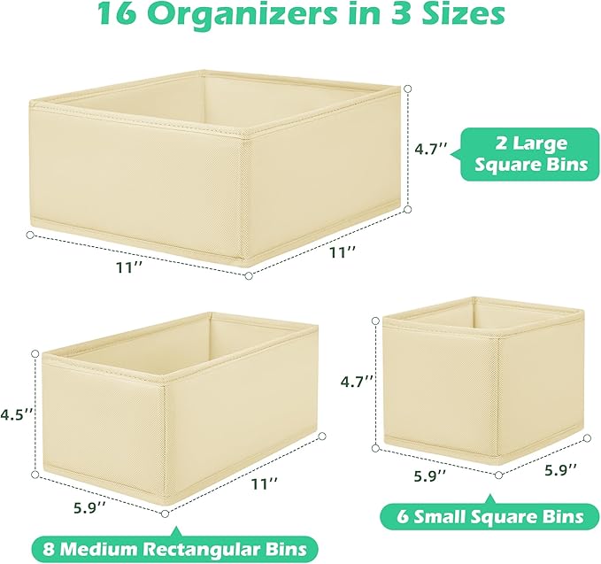 Drawer Clothing Organizer 16-Pack, Beige 3-Size Underwear Drawer Dividers, Fabric Folding Wardrobe Organizer for Baby Clothes, Bras, Underwear, Panties, Belts, Socks, Ties