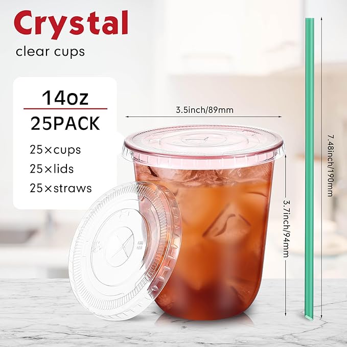 Baderke 25 Set Plastic Cups with Lids and Straws, Disposable Plastic Iced Coffee Cup for Cold Beverage Juice Smoothie Crystal for Coffee Shops Party Catering (Pink,14 oz)