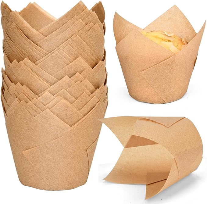 100pcs Extra Large Size Tulip Cupcake Liners for Baking Cups, Food Grade Parchment Paper Large Muffin Liners Holders, Greaseproof Cup cake Wrappers for Party, Christmas by Neyimqr (Natural)