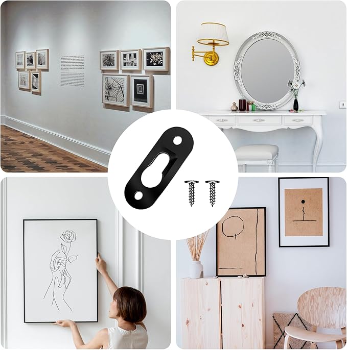 20 Pack Keyhole Hangers, 43x16mm Heavy Duty Metal Hanging Bracket Hardware Picture Fixings Wall Plate Hangers with 40 PCS Screws for Mirror Picture Frame Shelf Hangers Brackets (Black)