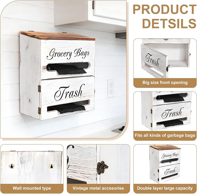 2 in 1 Trash Bag Dispenser, Double Wall Mounted,Wood Trash Bag Holder, used in kitchen, garage, laundry room, can store Environmentally friendly food bags (Vintage/Large(10inch*5.5inch*12.2inch）)