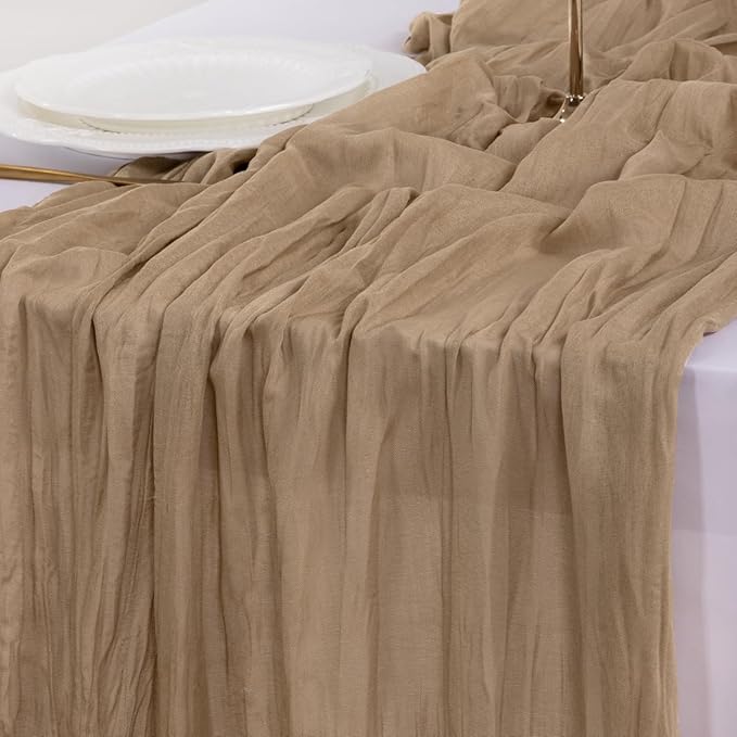 Socomi 10pcs Nude Brown Cheesecloth Table Runner Boho Rustic Gauze 120 inch 10FT Cheese Cloth Sheer Runner for Wedding Party Baby Shower Birthday Home Decor Holiday Decorations