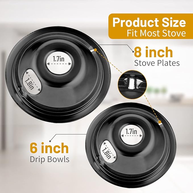 4 Pack Black Cooktop Drip Pans, Compatible with GE Hotpoint Stove. Include 2 Pcs 6'' Range Replacement Drip Pans and 2 Pcs 8 '' Burner Drip Pans for Electric Stove Top