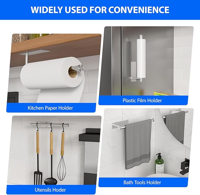 Paper Towel Holder Under Cabinet, Self-Adhesive,No Drilling, Stainless Steel, Wall-Mounted for Kitchen and Bathroom, Easy Install, Durable, Space-Saving, Ideal for Home, RV (Sliver, 2 Pack)
