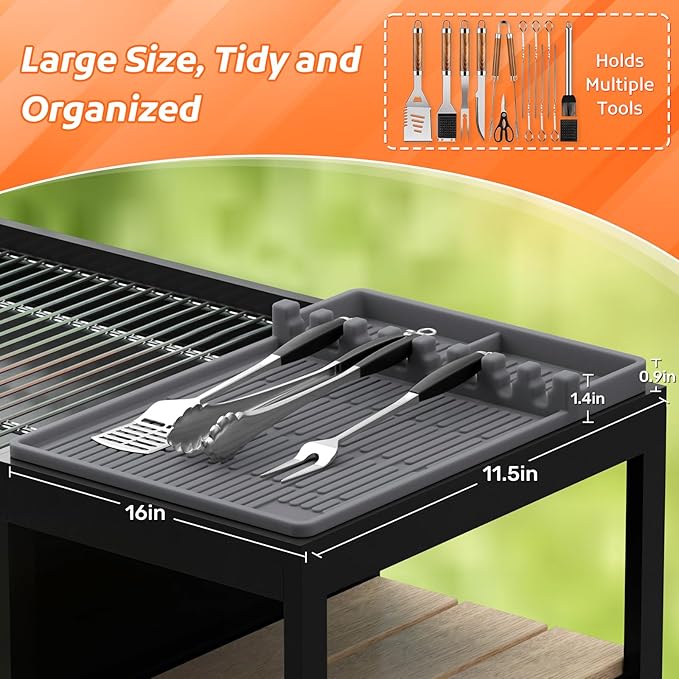 MealHelper Silicone Griddle Tools Mat Compatible with Blackstone Griddles, Grill Mat for Outdoor Grill Side Shelf with Seasoning Jar Holders, BBQ Tool Rest, Grey