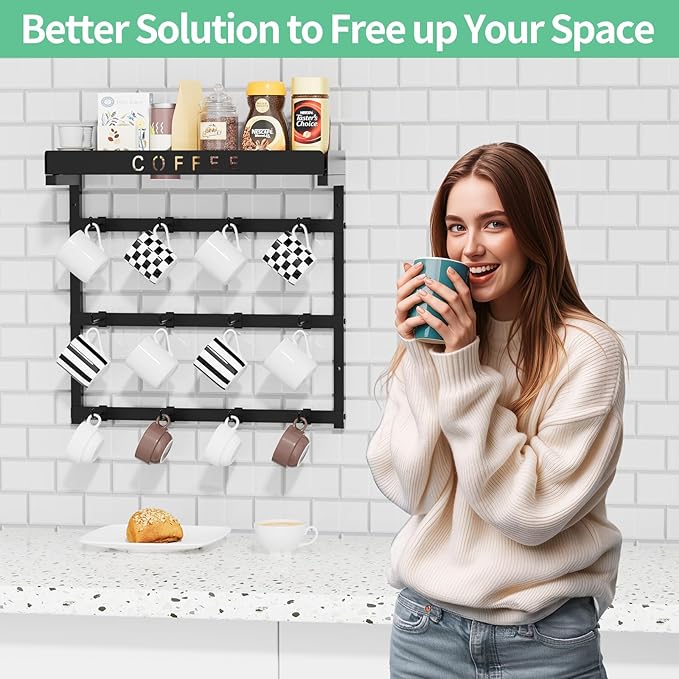 Coffee Mug Holder Wall Mounted with 12 Movable Hooks, Metal Coffee Cup Holder with Top Shelf, Mug Rack Wall Mount for Home Kitchen Display and Collection