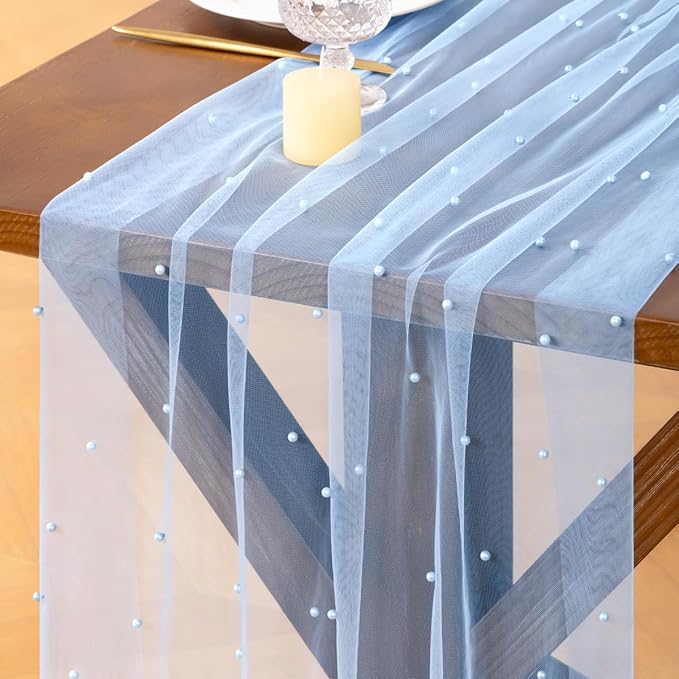 Socomi Pearl Table Runner Tulle Summer Cheesecloth 10FT Gauze Cheese Cloth Sheer Chiffon Wedding Birthday Party Baby Shower Bridal Anniversary Holiday Centerpiece Table Decor 3pcs Blue