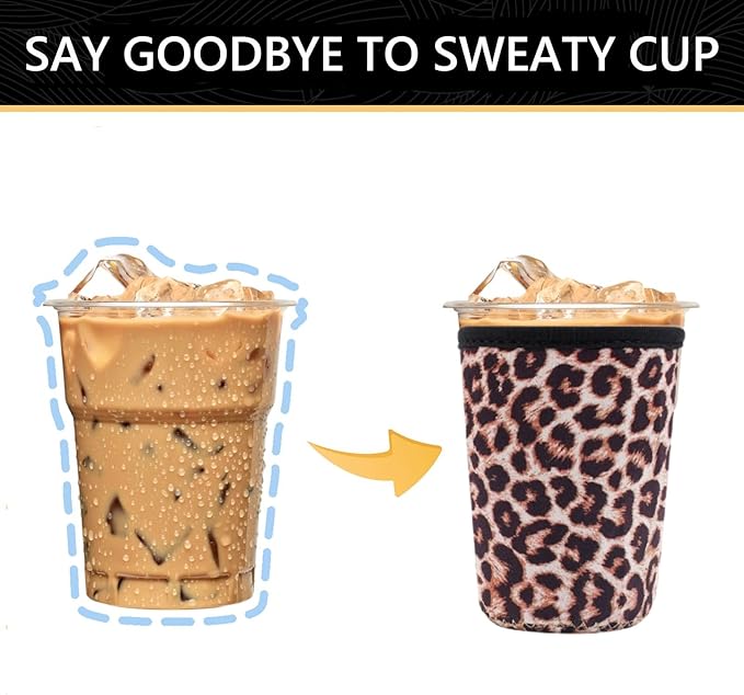 YR Reusable Neoprene Insulator Sleeve for Iced Coffee Cups, 3 Pack Coffee Coolies sleeves for Iced & Hot Drinks, Cold Beverage Cooler Compatible with Starbucks Coffee and More (Leopard)