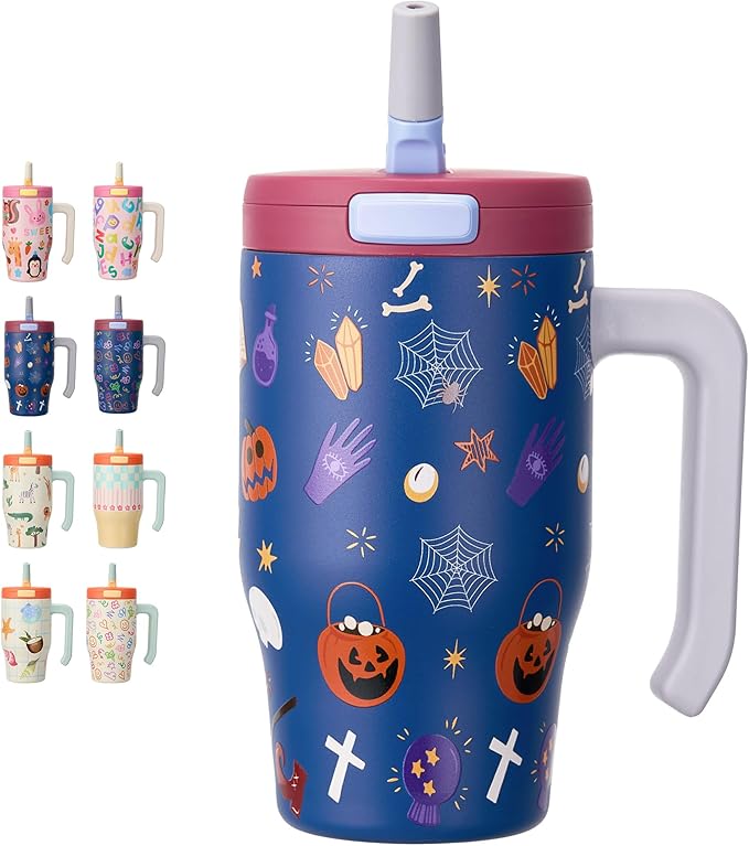 Fijinhom 18 oz Toddler Tumbler with Handle, Stainless Steel Insulated Water Bottle Coffee Mug with Straw, Toddler Cups, Kids Water Bottle for School, Sports, Travel, Ghostly Cuties