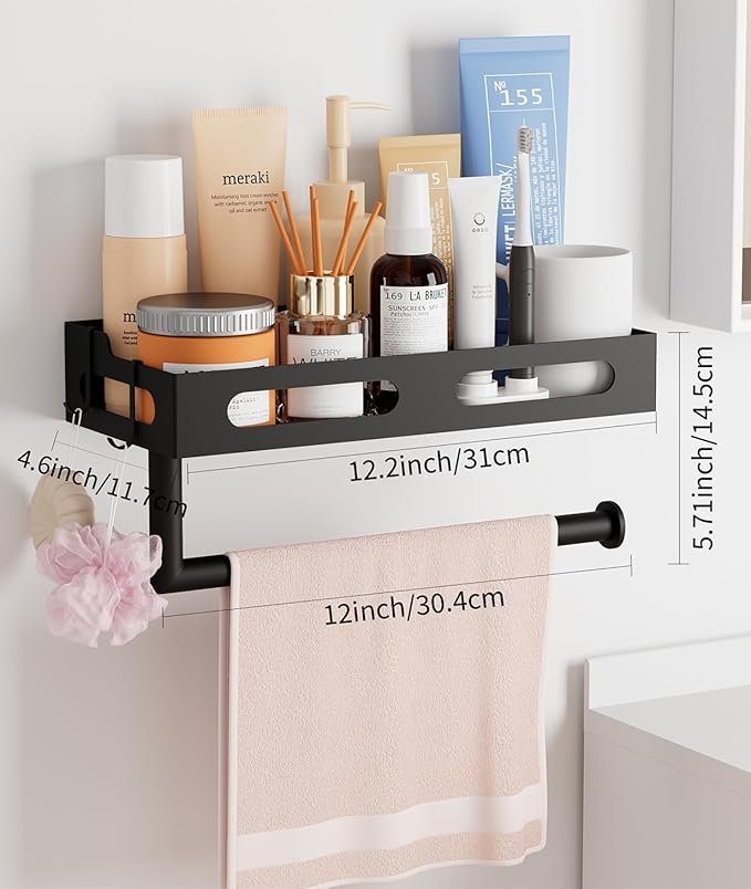 Paper Towel Holder Wall Mount with Shelf, Easy One Hand Tear, Adhesive Glue or Drill Mount Hanging Paper Towel Holder with Shelf for Kitchen/Bathroom/RV, Black Metal, 4 Hooks