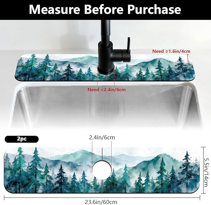 2 Pcs Kitchen Sink Splash Guard Faucet Mats Watercolor Forest Pattern Faucet Mat for Sinks Absorbing Drying Mat for Kitchen Bathroom, 23.6x5.5inch