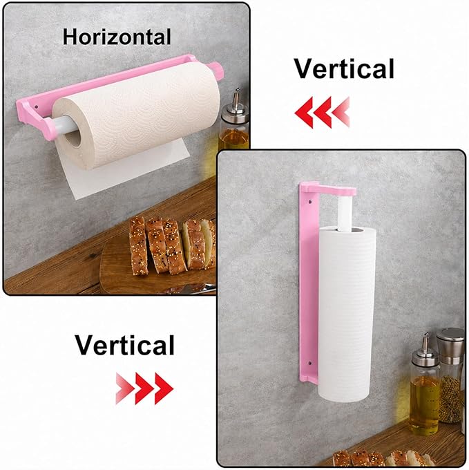 MONEER Kitchen Roll Holder Under Cabinet, Paper Towel Holder, Aluminum Alloy Kitchen Towel Holders, Self Adhesive Kitchen Roll Holder for Kitchen, Bathroom, Living Room (Pink)
