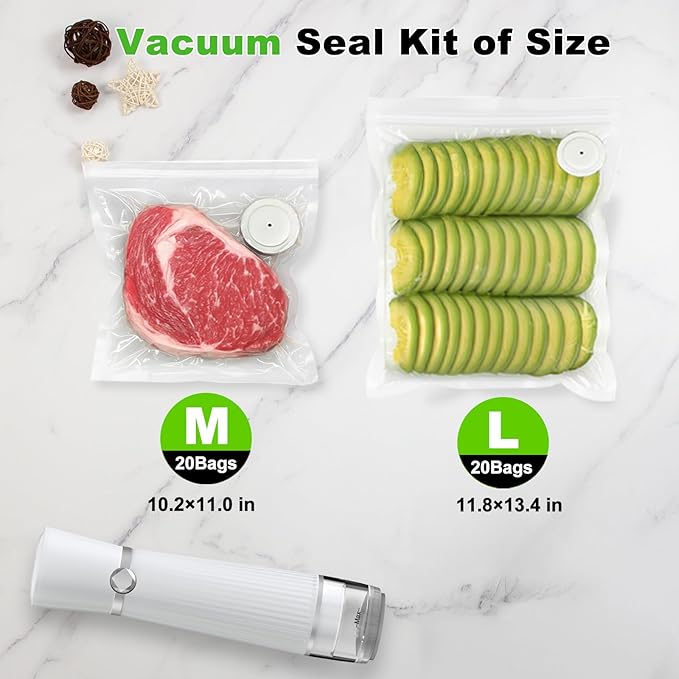 Vacuum Sealer for Food (Compact Vacuum Sealer Machine + 40 Reusable Vacuum Bags), Powerful 80Kpa Portable Vacuum Sealer for 10X Preservation & Fresh, Handheld Vacuum Food saver