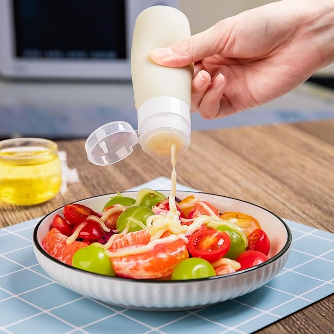 MICEBAY Condiment Squeeze Bottles for Sauces, 3-oz Mini Silicone Salad Dressing Container to Go with Reusable Sandwich Bag, Leakproof Sauce Bottle for Bento Lunch Box, 4 Pack, Gray
