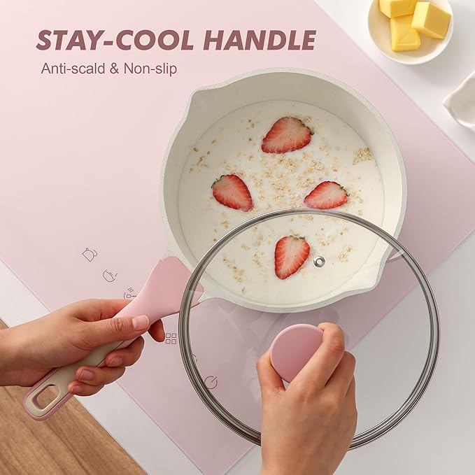 SENSARTE Ceramic Nonstick Saucepan with Double Pouring Spout 3.0 Quarts, Cooking Pot with Stay Cool Handle, Induction Compatible, Ceramic Coating, Free of Intentionally Added PFOA/PFAS, Pink