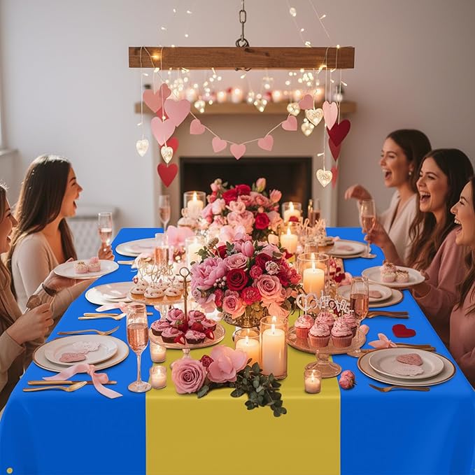 Smiry Plastic Table Cloth Disposable 5 Pack, 54 x 108 Inch Rectangle Waterproof Tablecloth, Printed Gold Table Runner Style for Birthday Weeding, Party Decorations, Leakproof & Sturdy, Blue and Gold