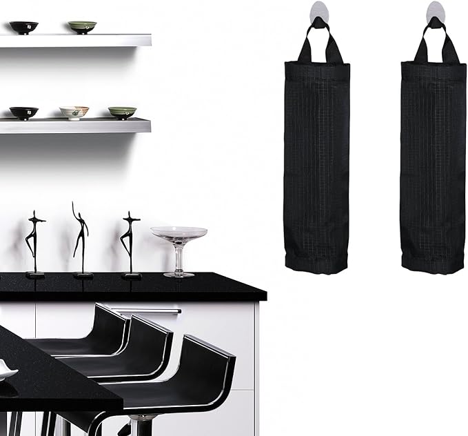 Mesh Garbage Bag Sulimy Plastic Bag Holder Dispensers 2pcs Folding Hanging Storage Trash bags Holders Organizer Recycling Grocery Pocket Containers with 2 Hooks for Home and Kitchen Black