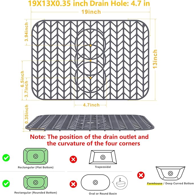 Sink Protectors for Kitchen Sink 12"13"16"18"19"24"26"28"29"30",Silicone kitchen sink mats protector for bottom of farmhouse sink(19"x13"Gray)