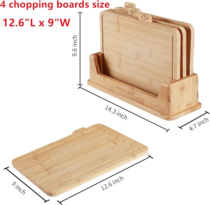 12.6"L x 9"W Bamboo Cutting Board Set of 4 - Wood Cutting Board Set with Holder, Chopping Boards Set with Food Icons, Juice Groove - Ideal for Meat, Fish, Bread, Vegetable, Fruit Chopping