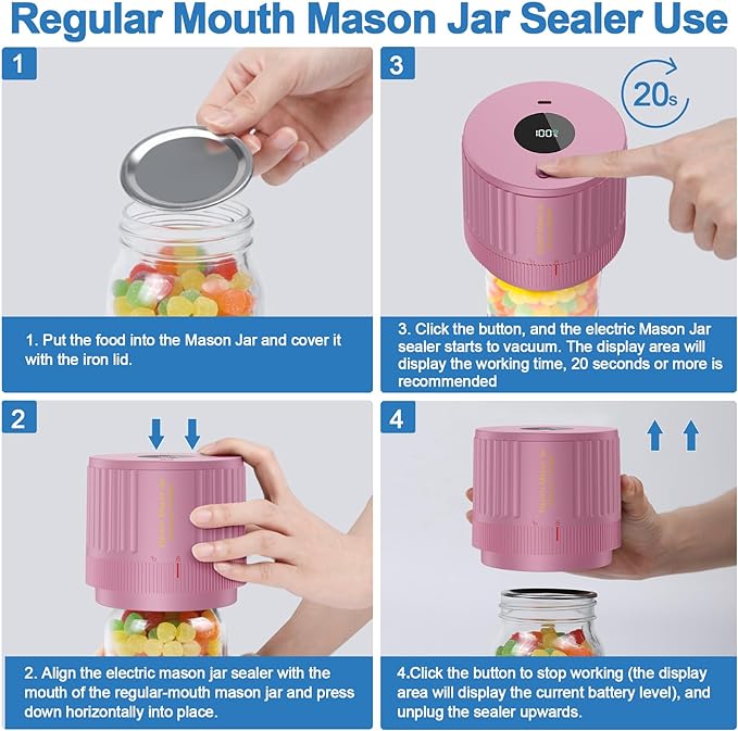 LOVE MOMENT Electric Mason Jar Vacuum Sealer Kit for Wide Mouth and Regular Mouth Mason Jar - Pink